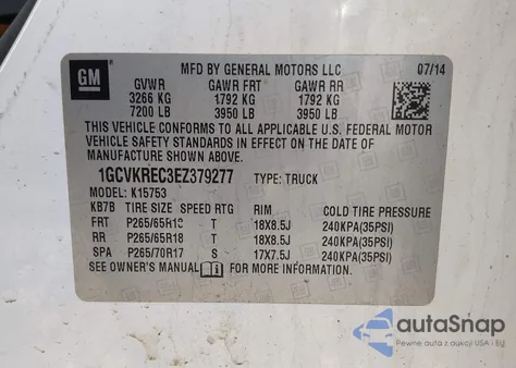 2014 Chevrolet Silverado 1500 1Lt z USA, uszkodzony, nr VIN 1GCVKREC3EZ379277